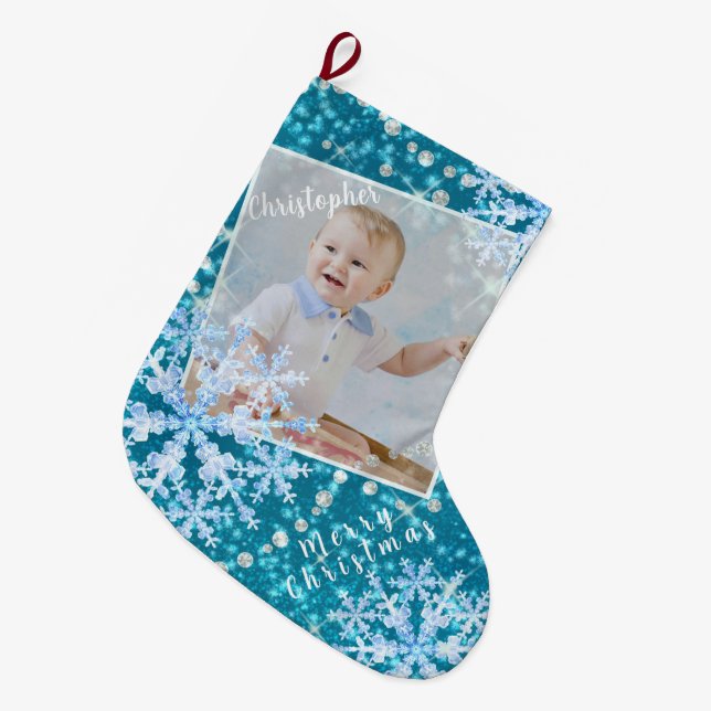 Meia De Natal Grande Neve Flakes Aqua (Frente (Pendurada))
