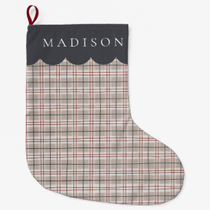Meia De Natal Grande Nome Beige Tartan Xadrez