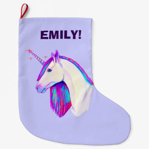 Meia De Natal Grande Nome colorido do unicórnio do Natal customizável