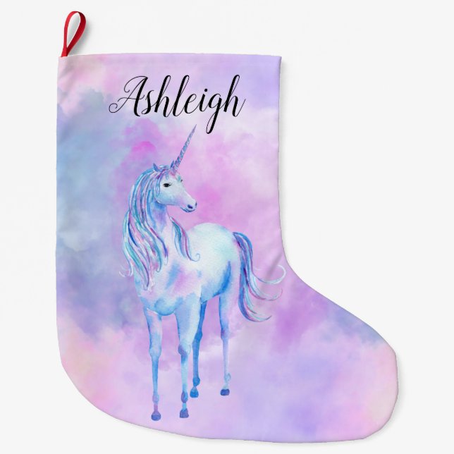 Meia De Natal Grande Nome de Aquarela de Unicorn Rosa Púrpura (Frente)