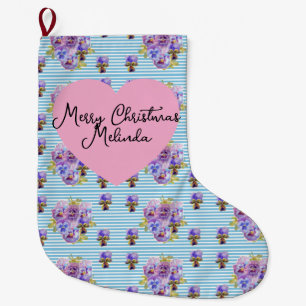 Meia De Natal Grande Nome de Meninas Natal Azul Pastel Floral Desbotado