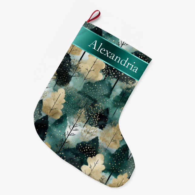 Meia De Natal Grande Nome de Natal das Árvores Brancas Verdes Douradas (Frente (Pendurada))