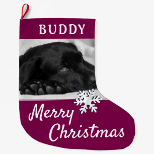 Meia De Natal Grande Nome de Pet do Cão Foto Floco de Neve