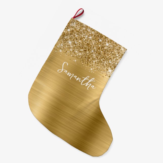 Meia De Natal Grande Nome do Glam Dourado da Glittery (Frente (Pendurada))
