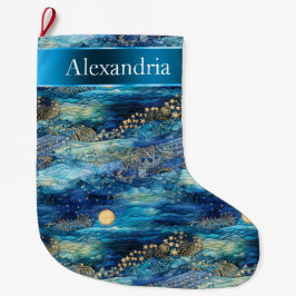 Meia De Natal Grande Nome Dourado de Natal Místico Azul