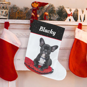 Meia De Natal Grande Nome e Foto do Cachorrinho Bulldog Preto e Branco