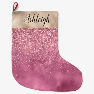 Meia De Natal Grande Nome Glitzy Brilhante Rosa Rosa Dourado