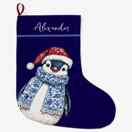 Meia De Natal Grande Nome Personalizado Chinoiserie Penguin