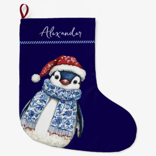 Meia De Natal Grande Nome Personalizado Chinoiserie Penguin