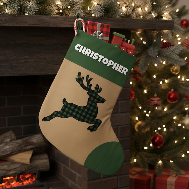 Meia De Natal Grande Nome Personalizado da Rama Verde e Xadrez Negra Ru (Criador carregado)