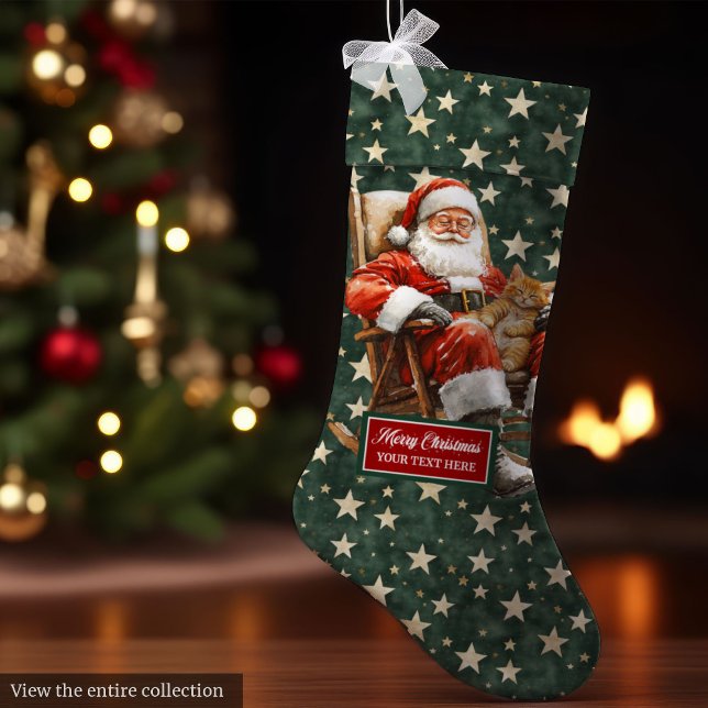 Meia De Natal Grande Nome personalizado de Natal do Papai Noel Feliz (Joyful Santa Claus Christmas Stocking Custom Name in Red)