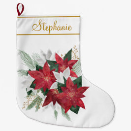 Meia De Natal Grande Nome Personalizado de Poinsettia Vermelha Elegante