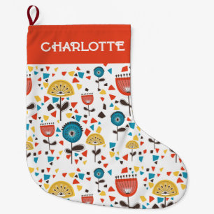Meia De Natal Grande Nome Personalizado Floral Colorido do meio século