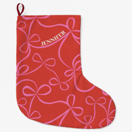 Meia De Natal Grande Nome Personalizado Laço de Fita Rosa e Vermelha Pa