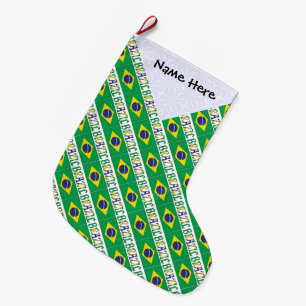 Meia De Natal Grande Nome Personalizado Mosaico Bandeira Brasileira Bra