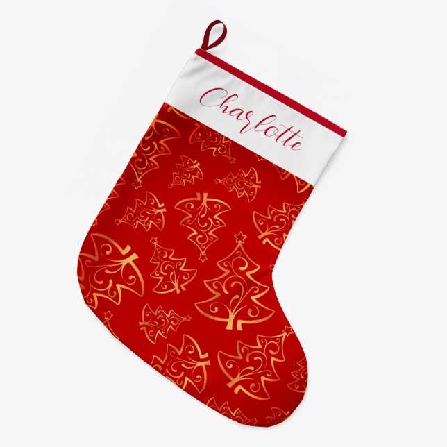 Meia De Natal Grande Nome Personalizado Vermelho E Dourado (Frente (Pendurada))