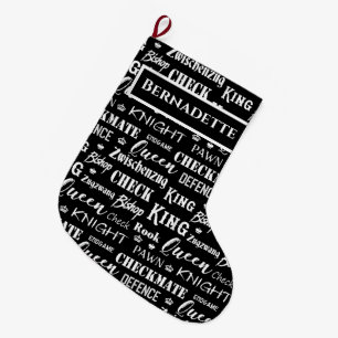Meia De Natal Grande Nomes de peças de xadrez preto e branco