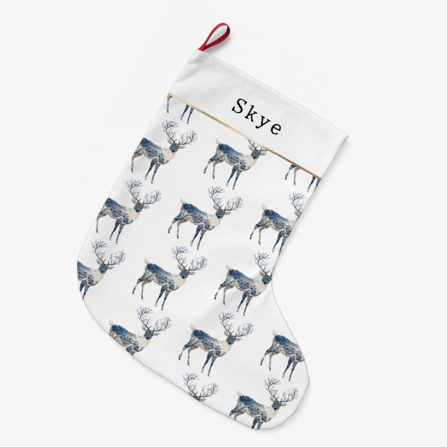 Meia De Natal Grande Nordic Blue White Deer Christmas (Frente (Pendurada))