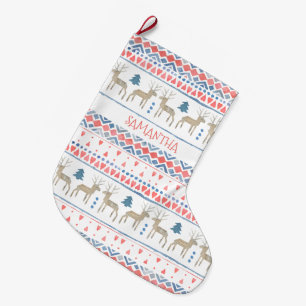 Meia De Natal Grande Nórdico Reindeer Scandinavian Fairisle Personaliza
