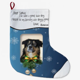 Meia De Natal Grande O Floco de Neve Azul FOTO DO SEU CACHORRO Eu fui b