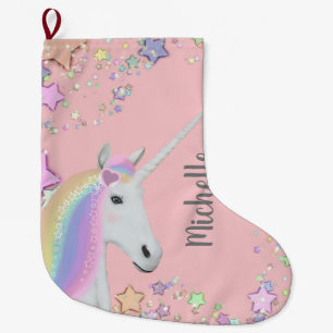Meia De Natal Grande O Unicórnio Rosa Pastel Stars Girls Personalizada