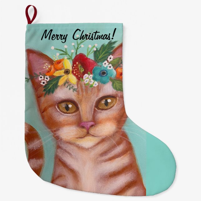 Meia De Natal Grande Orange Cat Whimsic Art (Frente)
