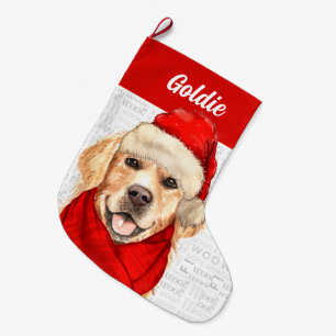 Meia De Natal Grande Ouro de Natal Retriever com Nome de Cão