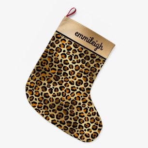 Meia De Natal Grande Ouro Preto Guepardo Leopardo Monograma Natal