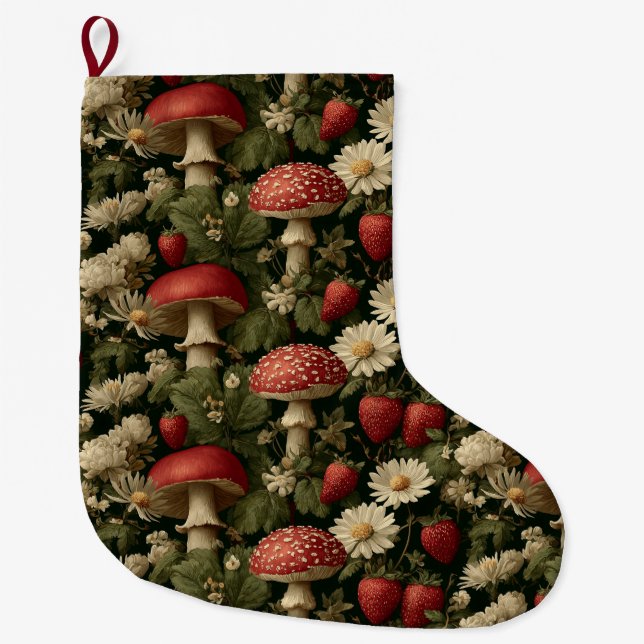 Meia De Natal Grande Padrão contínuo com Fly Agaric Vermelho e Flores (Frente)