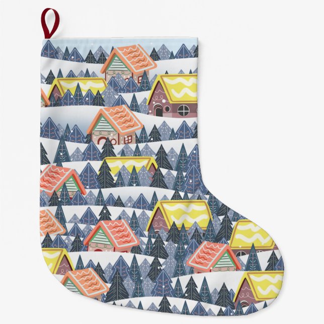 Meia De Natal Grande Padrão da vila de Natal Snowy (Frente)