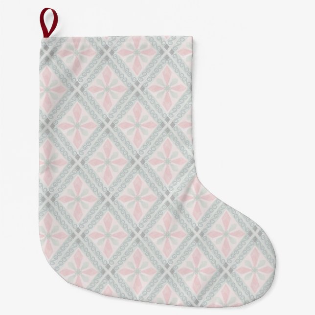Meia De Natal Grande Padrão de diamante pastel verde e rosa (Frente)