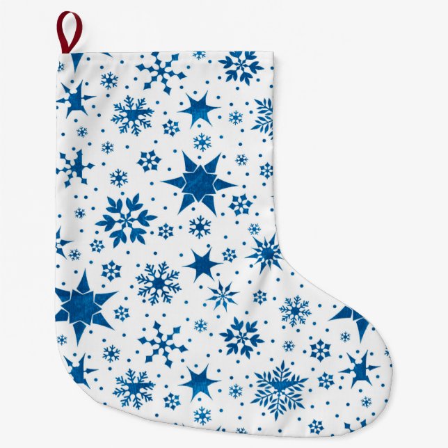 Meia De Natal Grande Padrão de Floco de Neve Azul (Frente)