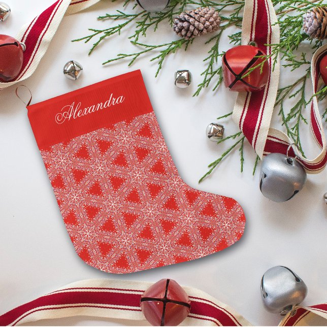 Meia De Natal Grande Padrão de Flocos de Neve Vermelho Natal Personaliz (Criador carregado)