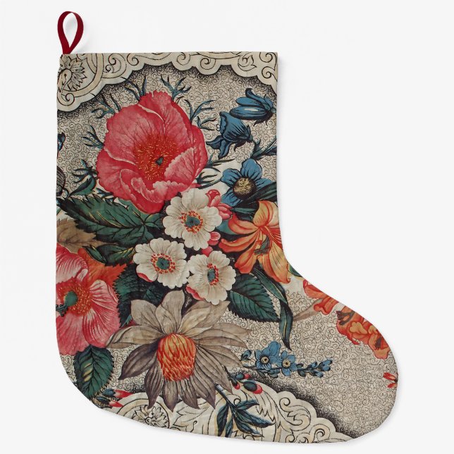 Meia De Natal Grande Padrão de flores brancas laranja vermelho-vivo (Frente)