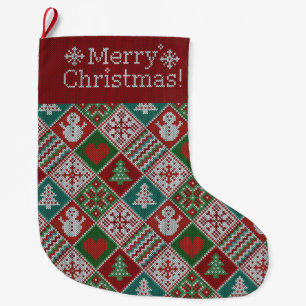 Meia De Natal Grande Padrão de Knit Verde Verde Verde Feliz Natal