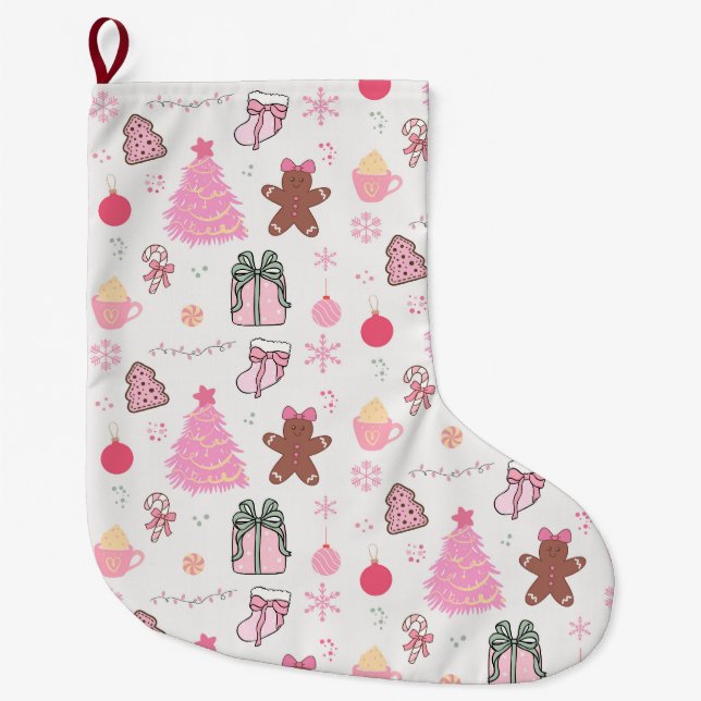 Meia De Natal Grande Padrão de Natal Rosa (Frente)