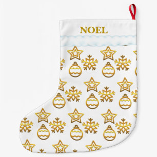 Meia De Natal Grande Padrão Dourado de Natal em Branco