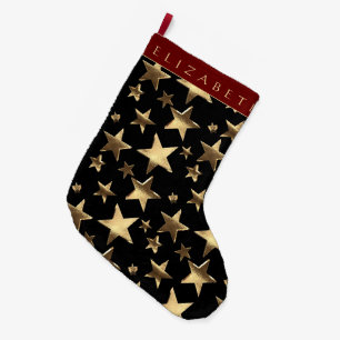 Meia De Natal Grande Padrão Elegante de Preto Vermelho e Estrelas Doura