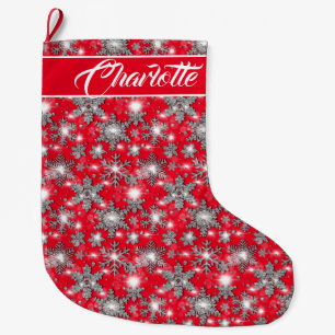Meia De Natal Grande Padrão festivo de flocos de neve vermelhos pratead