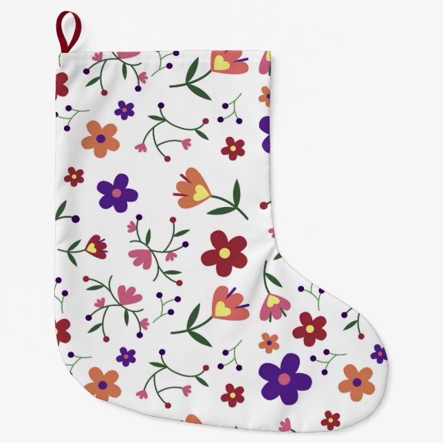 Meia De Natal Grande Padrão Floral Desenhado À Mão (Frente)