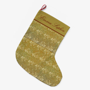 Meia De Natal Grande Padrão Floral Dourado da Glitter