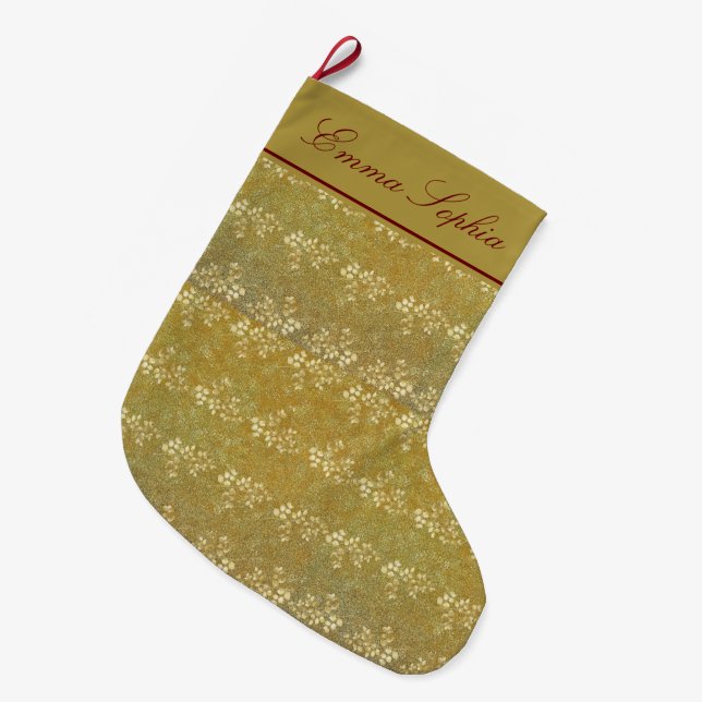 Meia De Natal Grande Padrão Floral Dourado da Glitter (Frente (Pendurada))