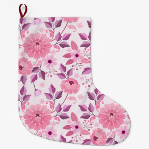 Meia De Natal Grande Padrão Floral Rosa com Flores Elegantes