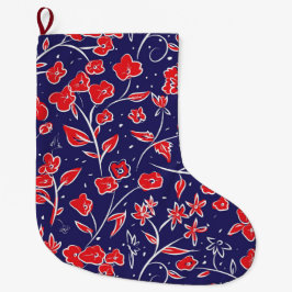 Meia De Natal Grande Padrão Floral Vermelho e Azul