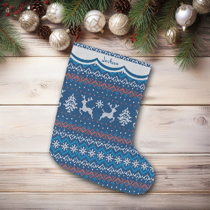 Meia De Natal Grande Padrão Nórdico Azul de Reindeer