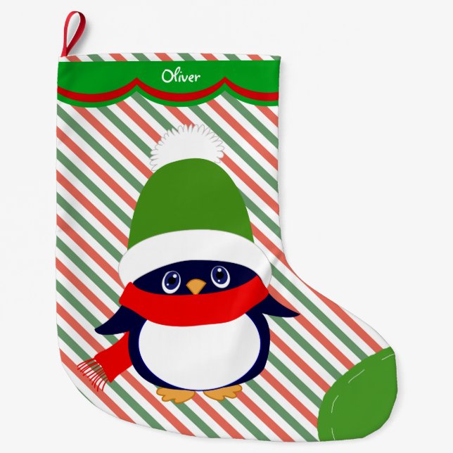 Meia De Natal Grande Padrão Pinguim Inverno Bonito Personalizado (Frente)