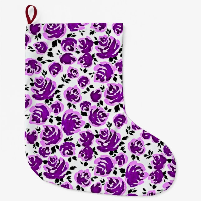 Meia De Natal Grande Padrões de rosa violeta branca (Frente)