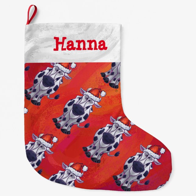 Meia De Natal Grande Padrões de Vaca de Cabeças e Caudas Natal (Frente)