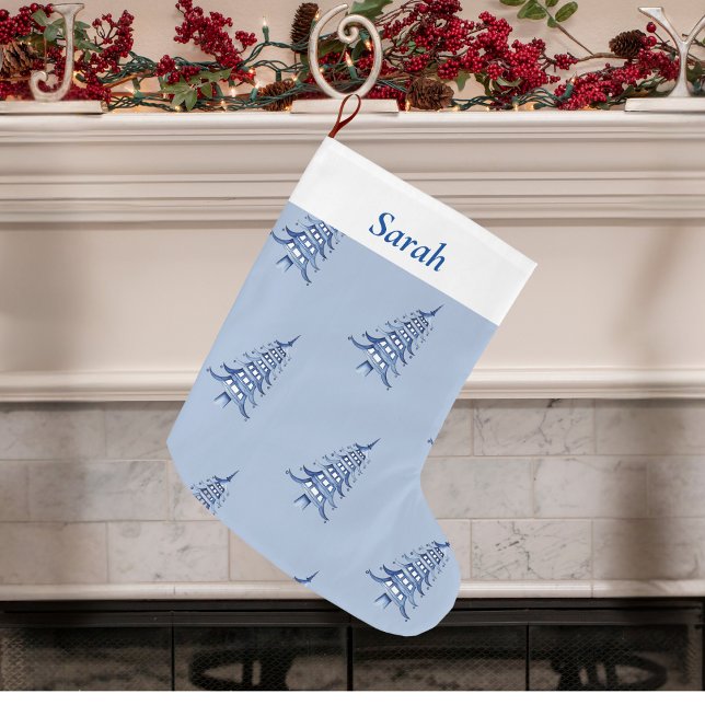 Meia De Natal Grande Pagoda Pagoda de Natal Azul Dusty (Dusty Blue Christmas Pagoda Tree pattern Large Christmas Stocking)