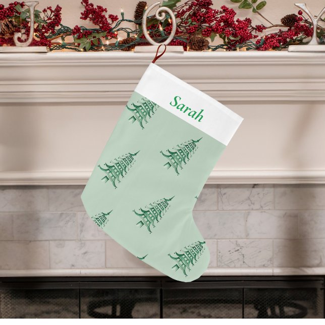 Meia De Natal Grande Pagoda Pagoda verde-sábio (Sage green Christmas Pagoda Tree pattern Large Christmas Stocking)